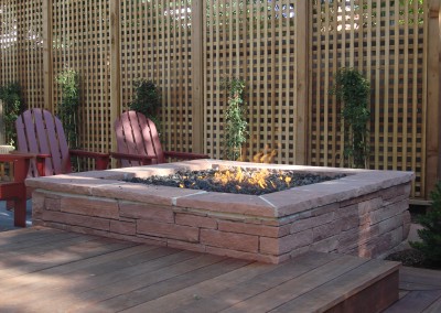 Flagstone Fire Pit, Custom Hardwood Deck, Trellis, Outdoor Room