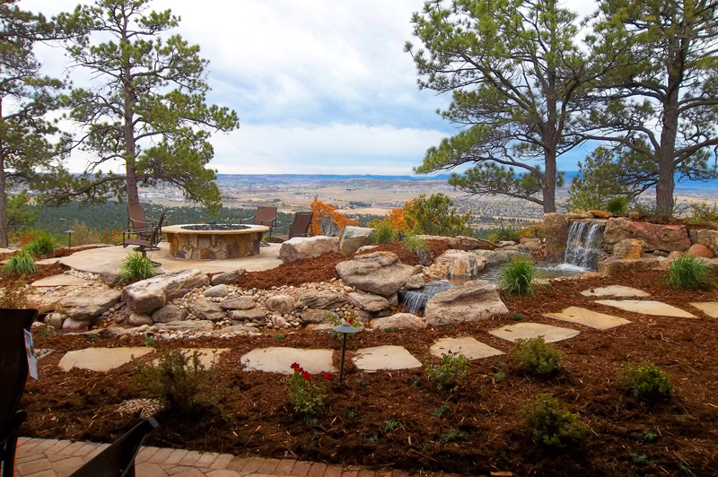Stone Water Feature, Custom patio, Custom Fire Pit, Flagstone Path, Outdoor Room