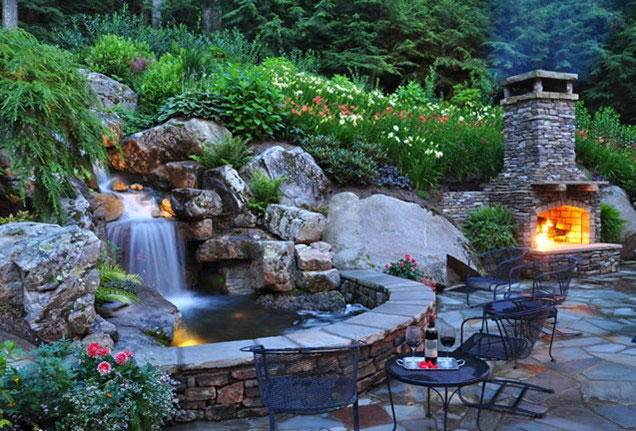 Custom Waterfall Water Feature Outdoor Fireplace Custom Patio